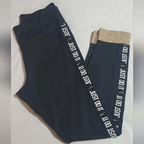 Nike Black and Gold Women's Leggings. Just Do It Logo Down Both Legs. Sz M - Picture 3 of 4